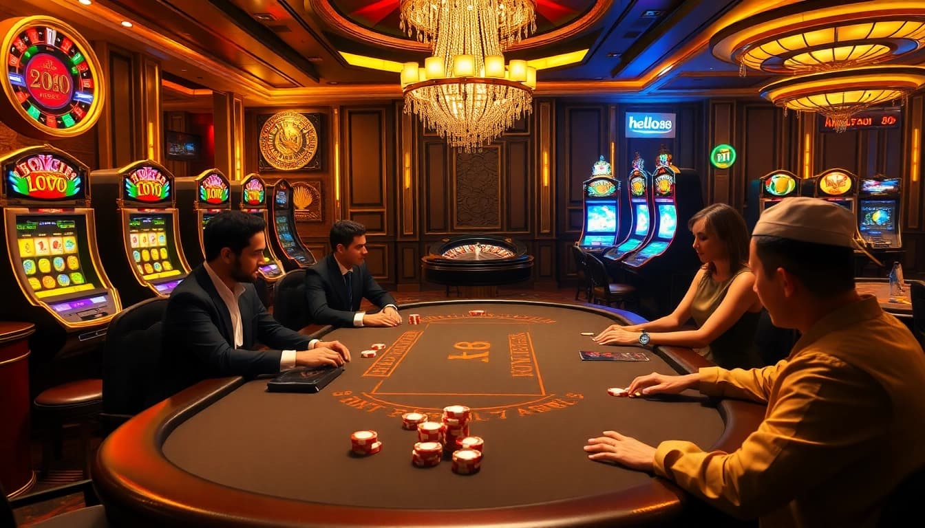 Intense poker action illuminating the lavish casino ambiance at hello88, with vibrant slot machines and roulette wheels.