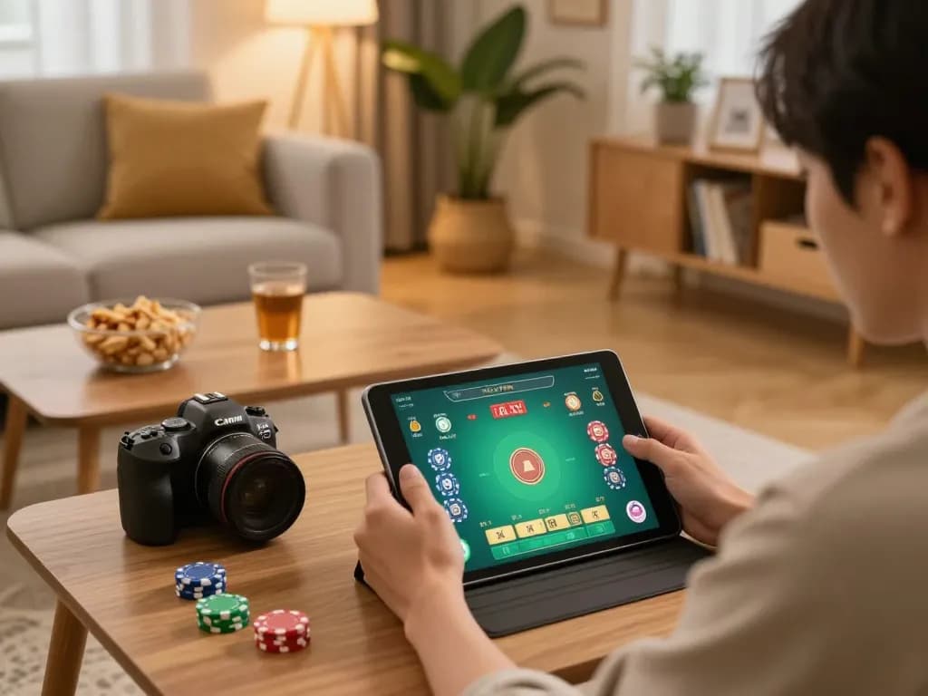 Tài Xỉu Online gaming at home, a person using a tablet while enjoying a cozy atmosphere.