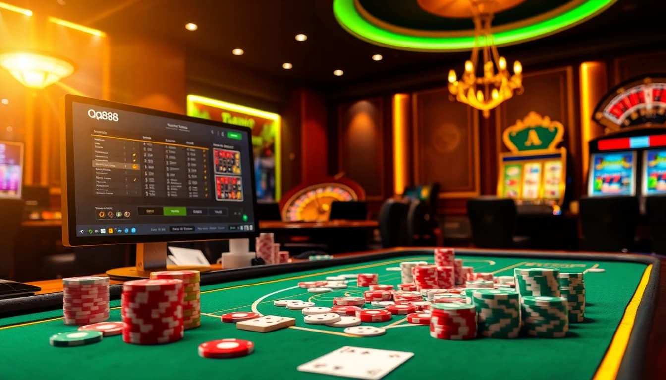 Experience thrilling gaming moments at Nhà cái uy tín QQ88 with vibrant casino tables, roulette wheels, and colorful poker chips.