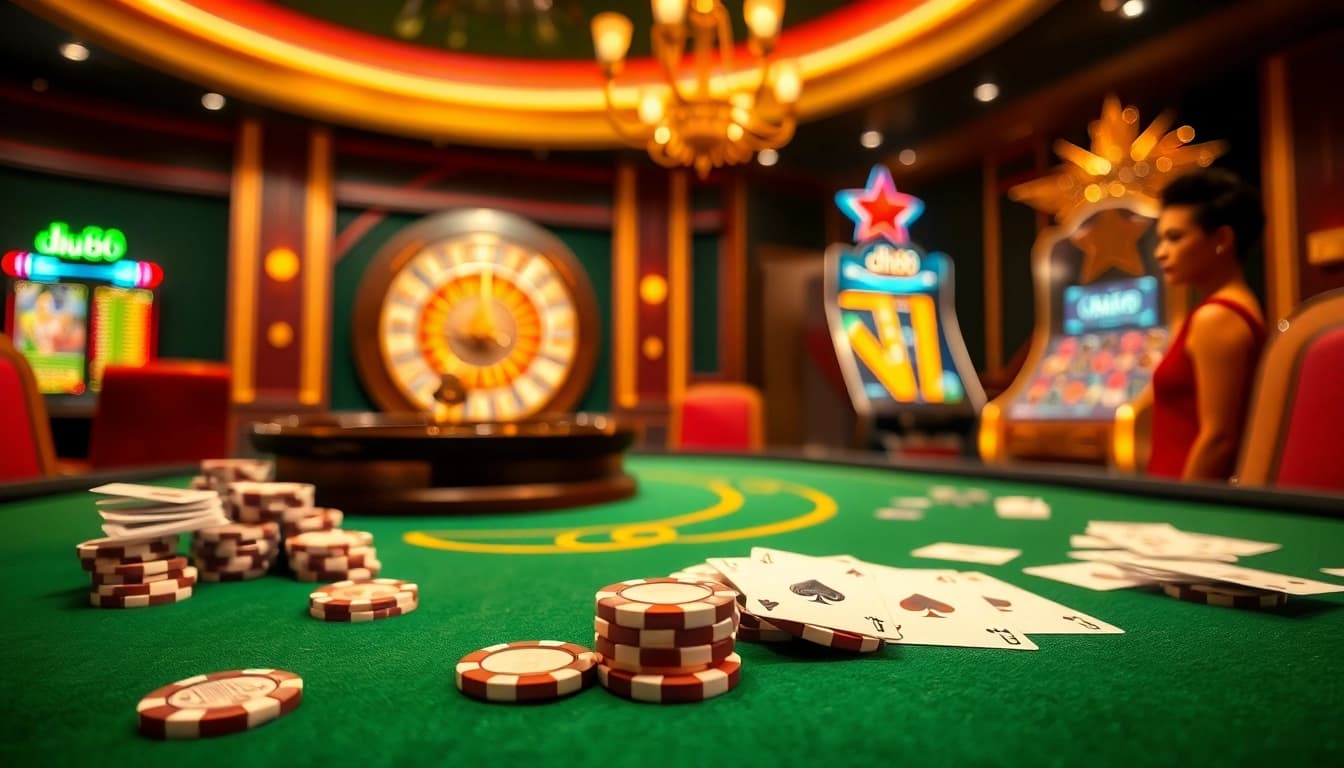 Gambler excitedly playing at a luxurious table in a casino featuring dh88-themed poker chips.