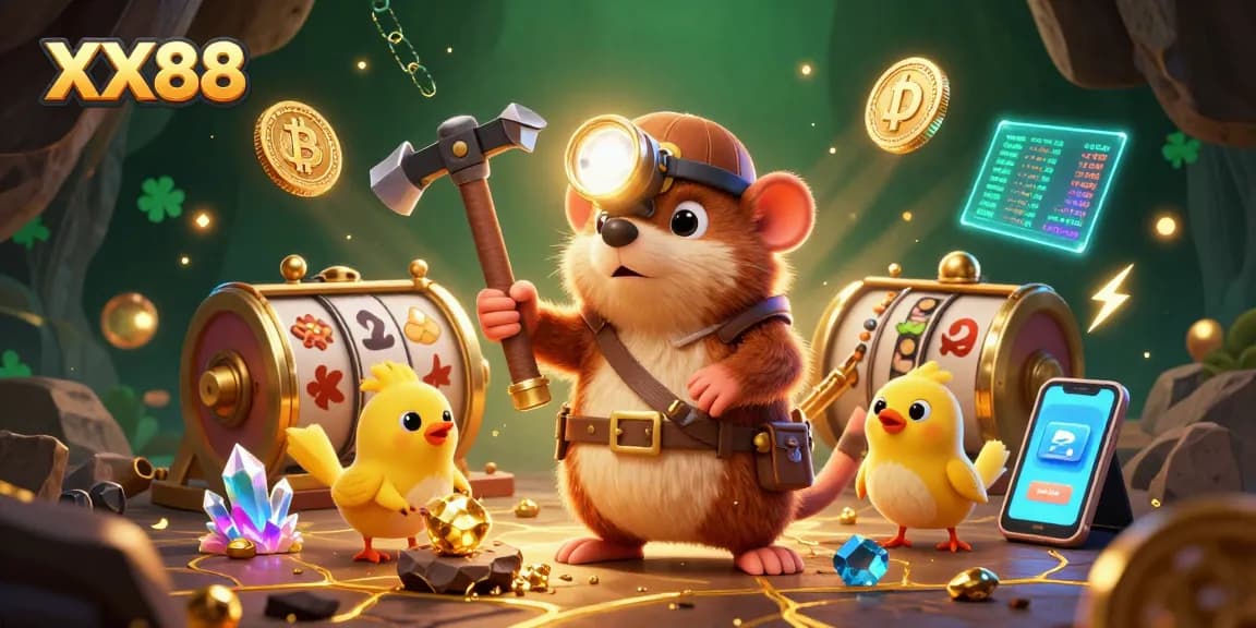 Join the XX88 adventure with a treasure hunter mole and canary in a vibrant, animated casino scene.