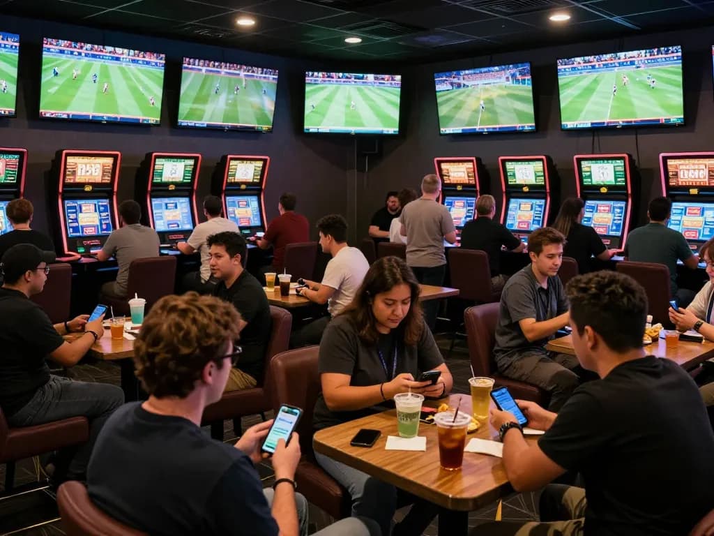 Excited fans engaging in sports betting at a lively lounge, focusing on keo nha cai 5 strategies.