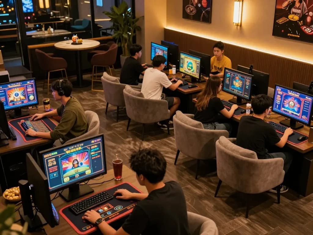 Players enjoying online casino games at https://gnk88.com/ in a stylish gaming lounge.