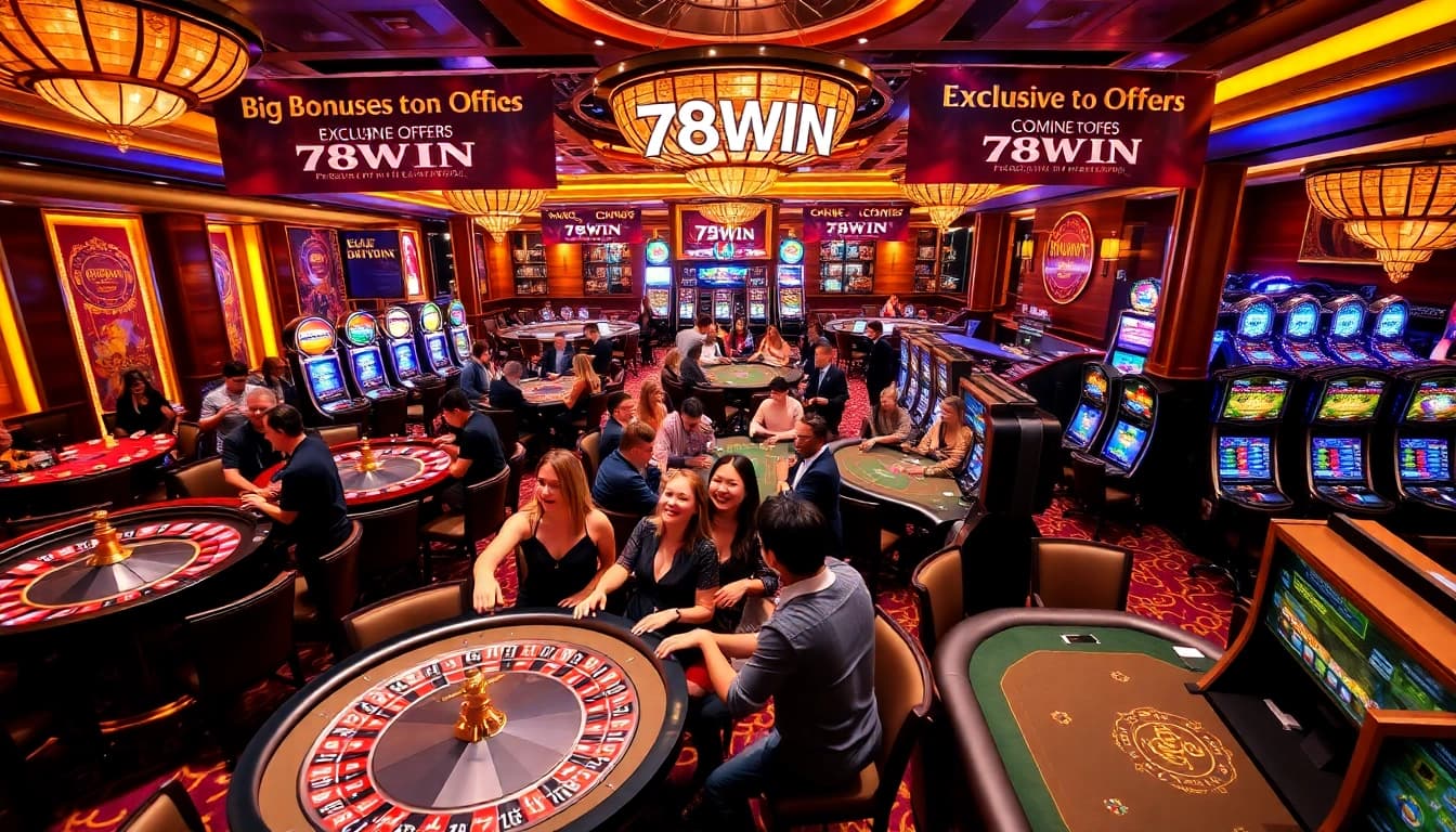 78WIN casino scene with players enjoying table games and slot machines in a luxurious setting