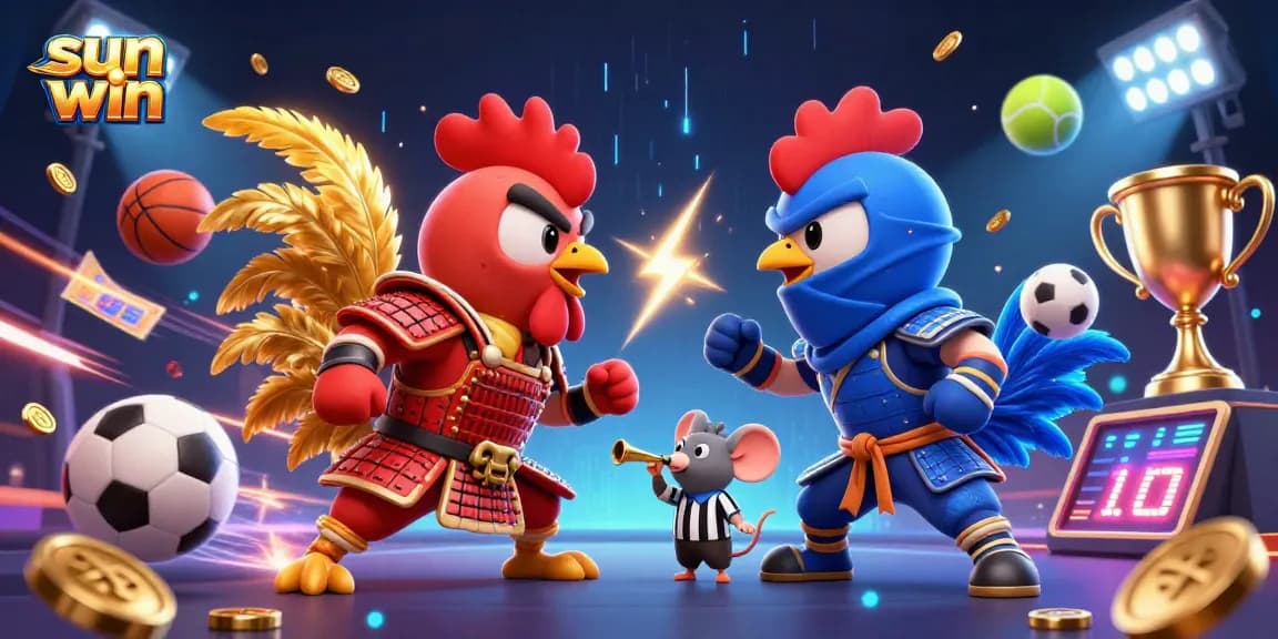 Engage in thrilling competition at sun win with 3D cartoon fighting roosters and dynamic sports elements.