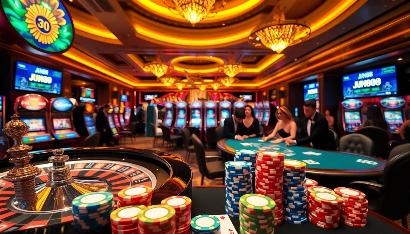 Exciting gaming scene at Jun88 casino featuring poker, roulette, and vibrant slot machines.