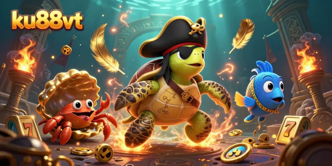 Experience the thrilling excitement of ku88vt as a pirate turtle celebrates jackpot wins with vibrant treasures.