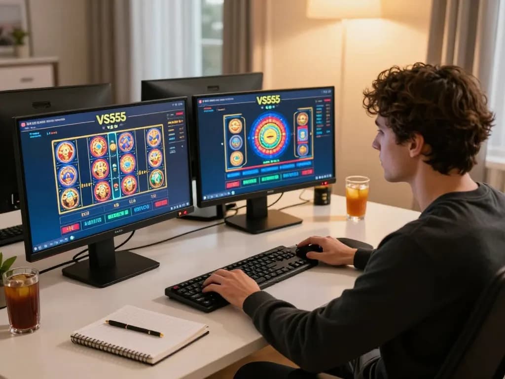 Engaging gaming strategy session at VS555 Casino with multiple screens and focused player analysis