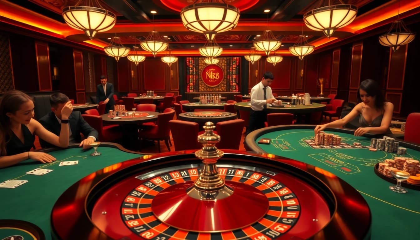 Excited players engaged in high-stakes games at the NK88 casino, featuring a roulette wheel and vibrant atmosphere.