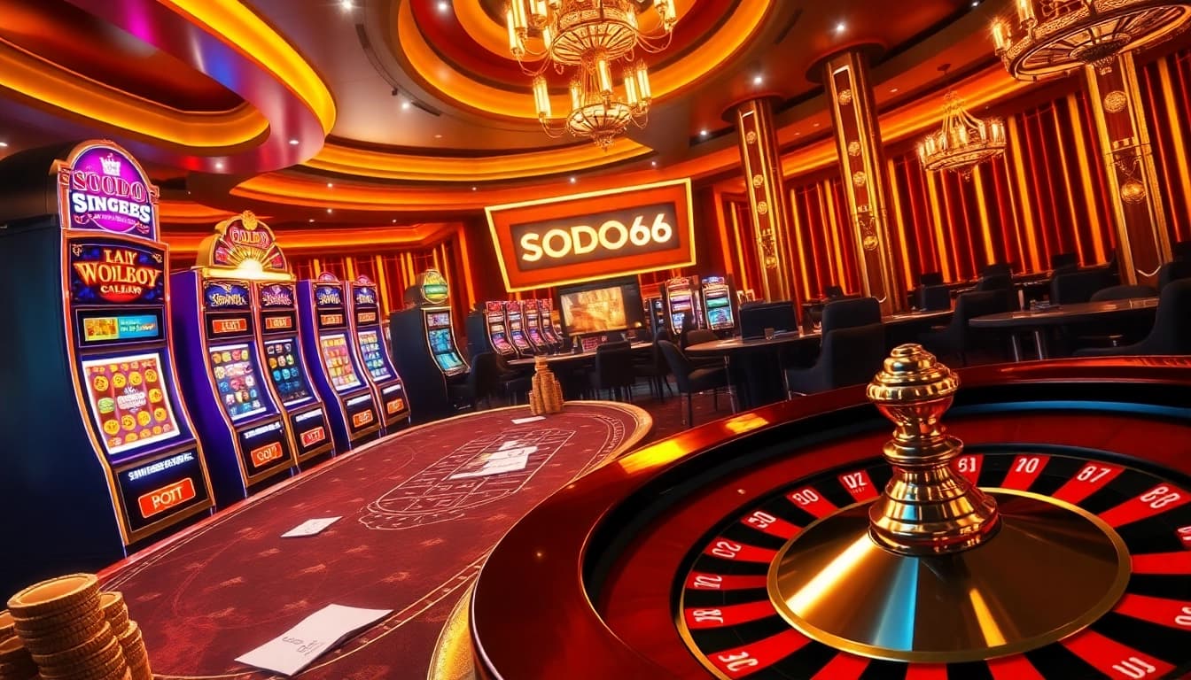 SODO66 casino scene with vibrant slot machines and poker players in an exciting online gambling setting.