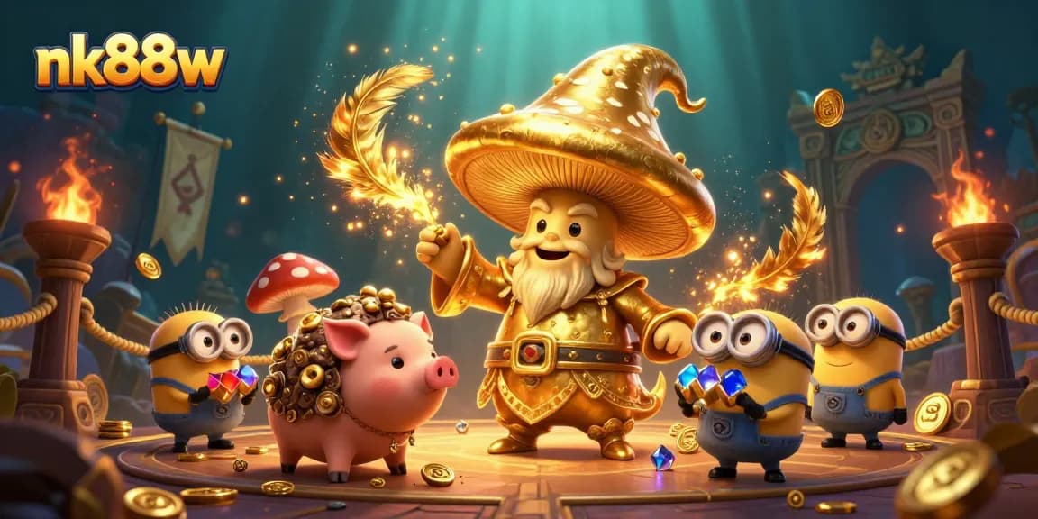 Engage with nk88w's vibrant gambling scene featuring magical elements, treasure, and gameplay action.