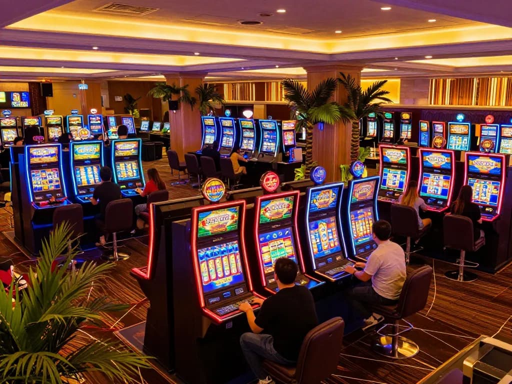 Engaging in thrilling slot gaming at pucuk138 with vibrant machines and lively atmosphere.