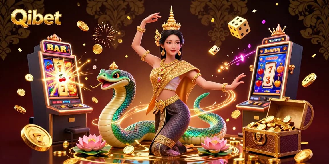 Experience the thrill of Qibet with a vibrant casino scene showcasing a Thai dancer and a rainbow Naga serpent.