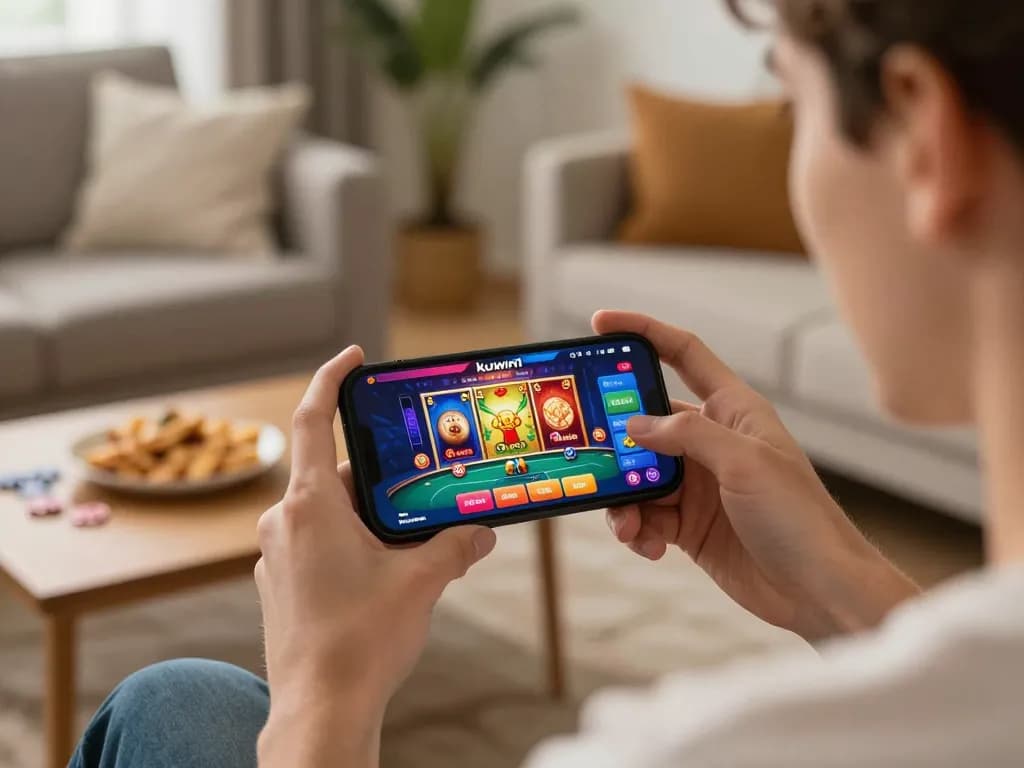 Engaging with kuwin1 casino app on smartphone in a cozy home setting.