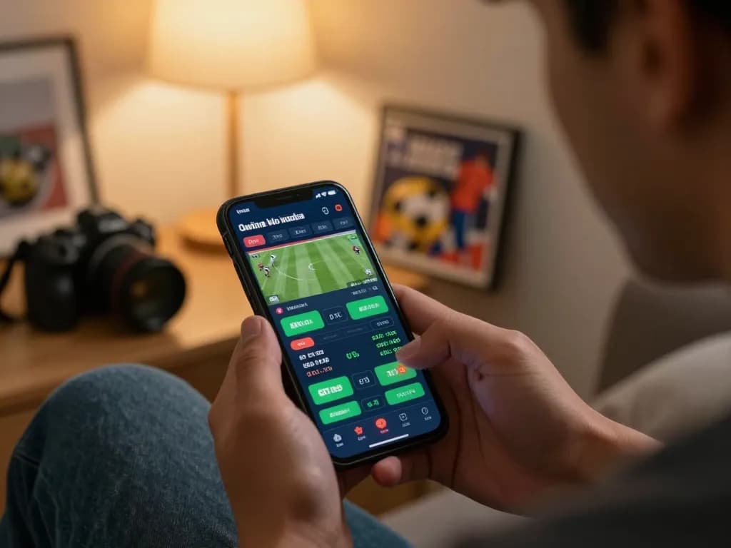 Placing bets with kèo nhà cái on smartphone in cozy home setting, highlighting online sports betting excitement.