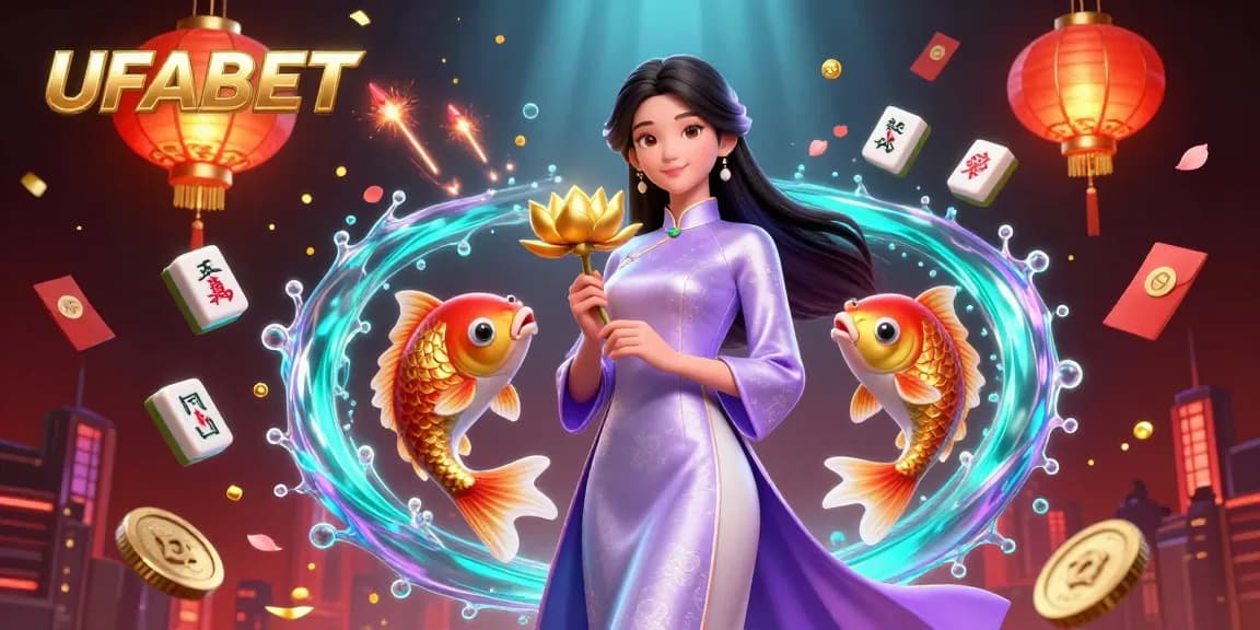 Experience the excitement of UFABET with dynamic casino elements in a vibrant digital illustration.