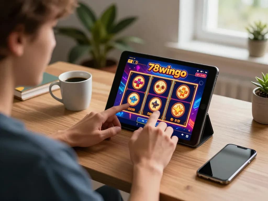 Experience engaging gameplay on the 78wingo casino app in a cozy home setup.