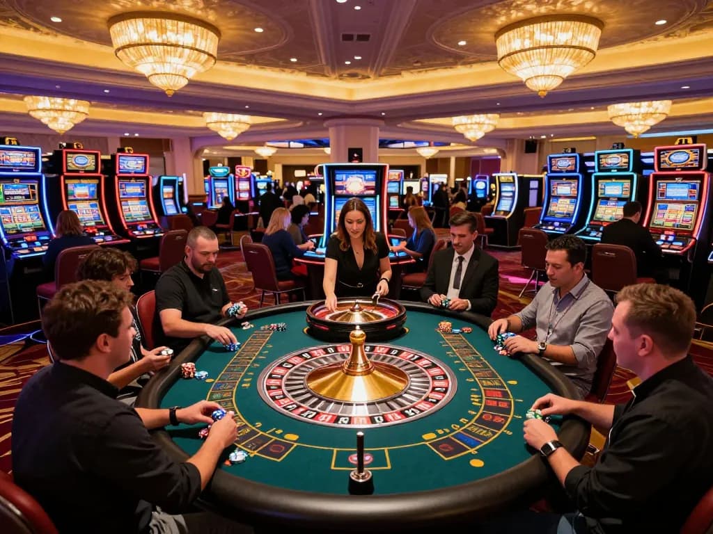 FC88 players placing bets at an exciting roulette table in a vibrant Las Vegas casino.