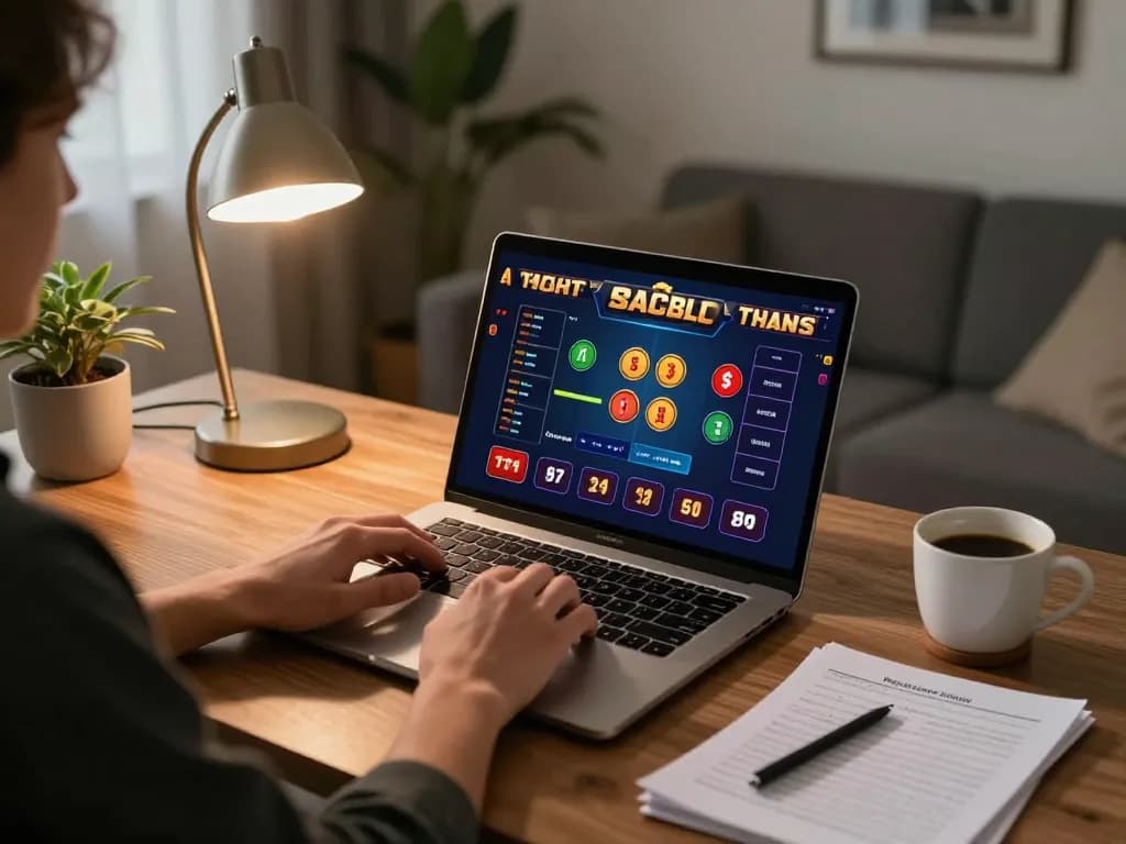 Engaging in online gambling at https://kjc365.com/ with a laptop setup and strategies in a cozy home environment.