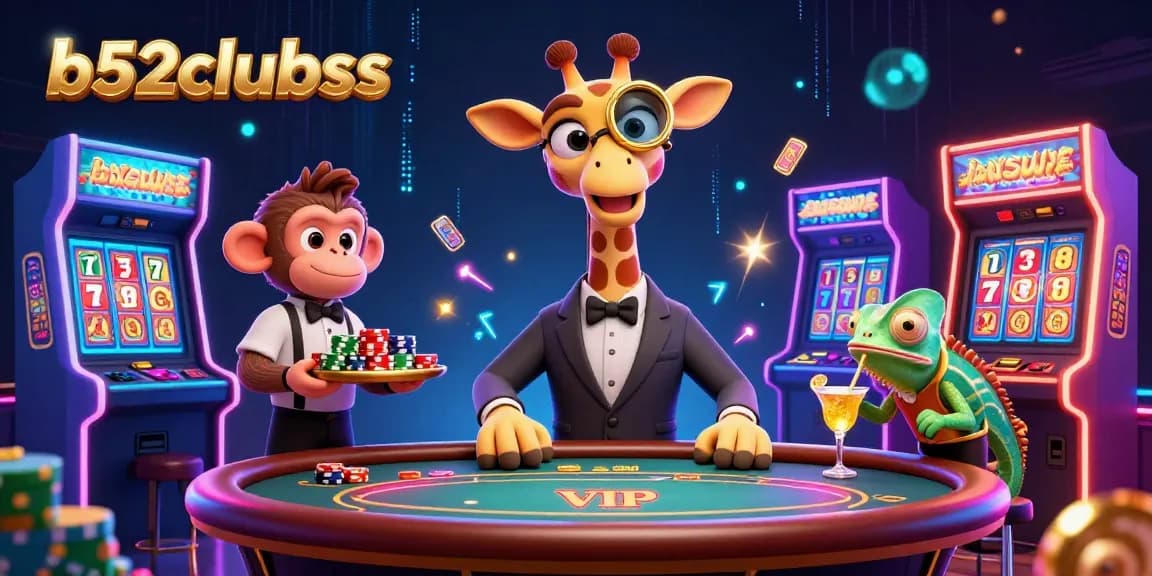Join the fun with b52clubss at a vibrant casino scene with unique characters and colorful gaming elements.