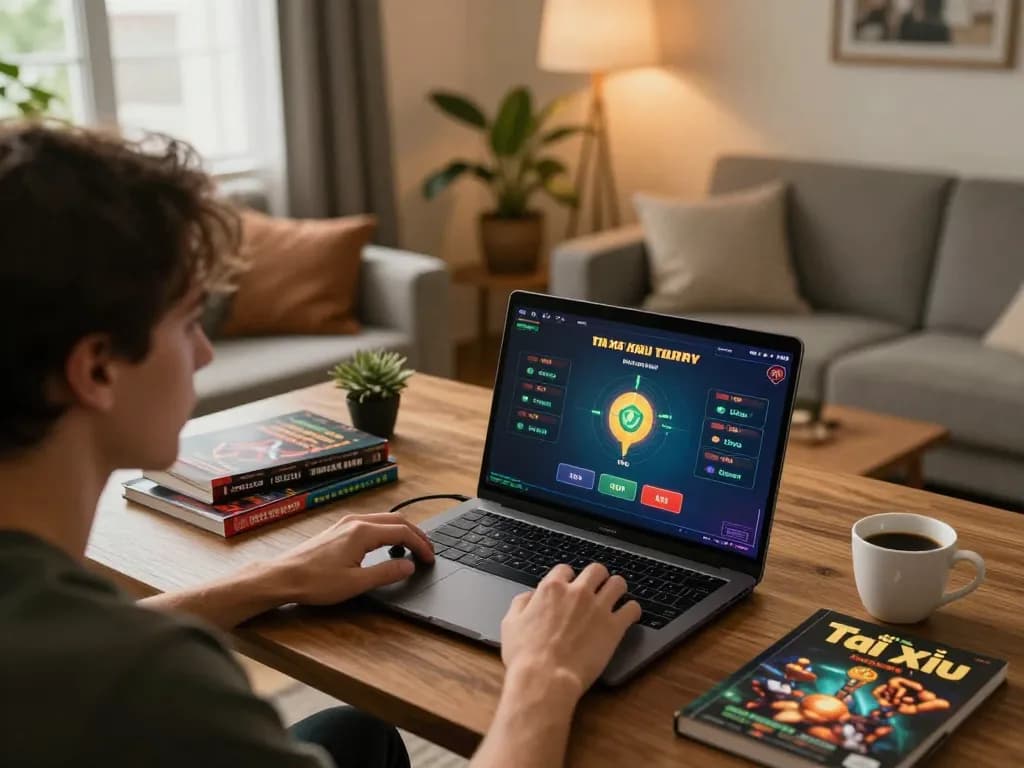 Tài Xỉu gameplay on a laptop in a cozy home setting, showcasing strategic betting and engagement.