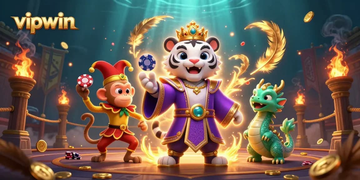 Engage in thrilling adventures at vipwin with a regal tiger and playful monkey in a vivid casino scene.