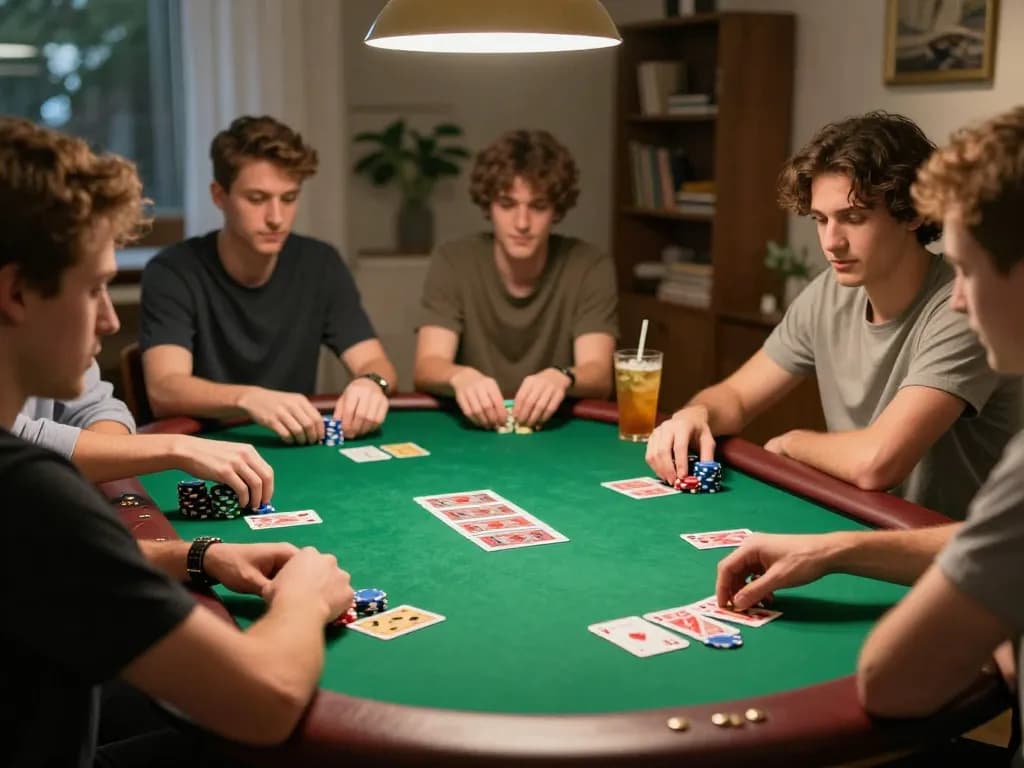 Friends enjoying a vibrant poker night using the MEGA888 app in a cozy home setting, showcasing strategy and social fun
