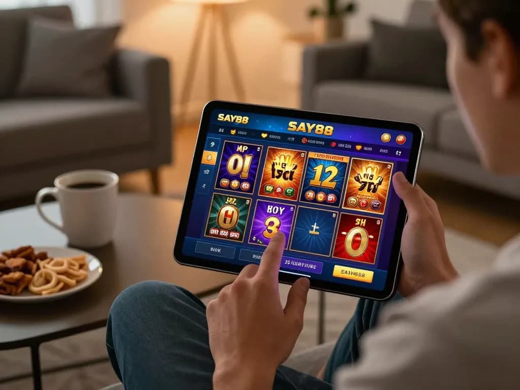 SAY88 app interface on a tablet in a cozy home gaming setup, showcasing online gambling excitement.