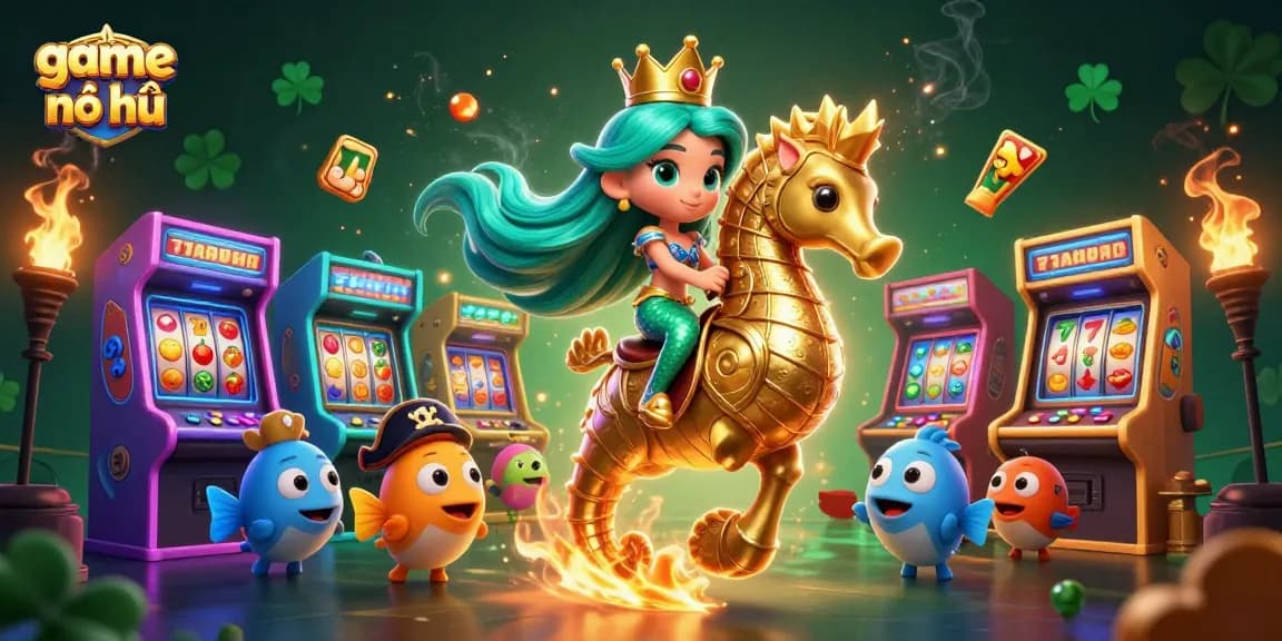 Experience game nổ hũ vividly with a mermaid riding a seahorse amid neon gaming excitement.