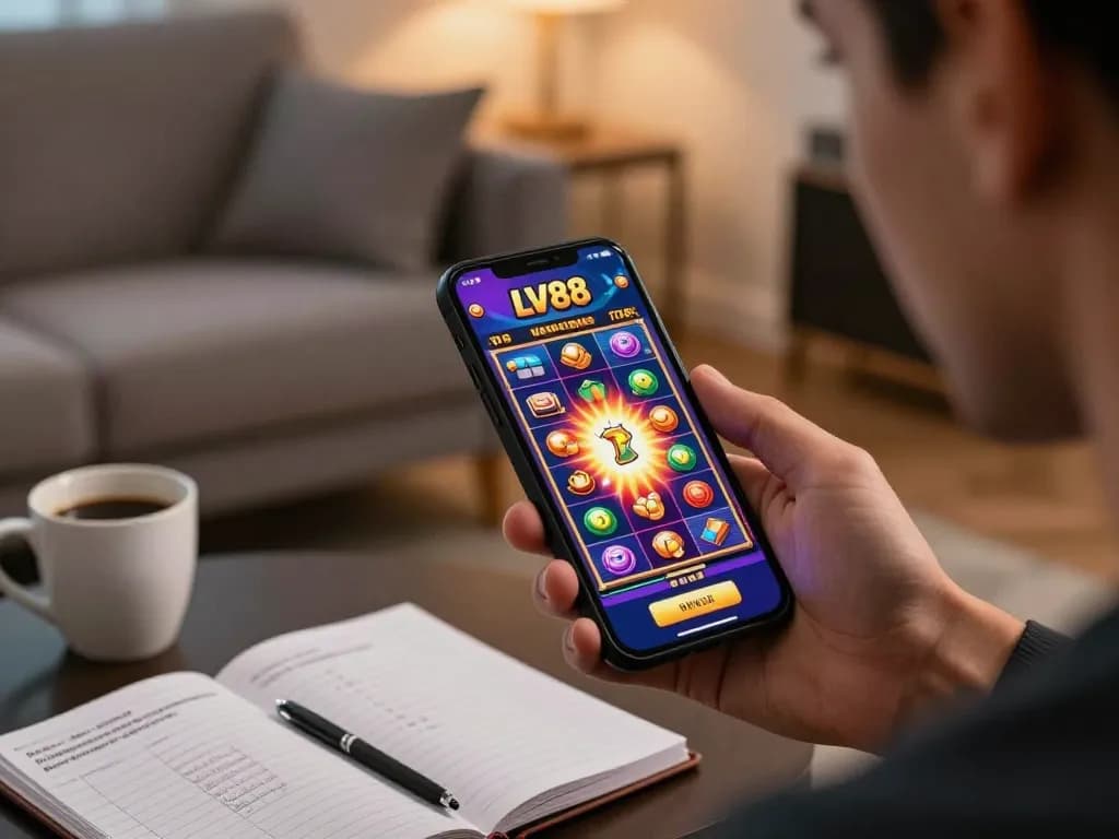 LV88 player celebrating a jackpot win on mobile casino app with vibrant gameplay