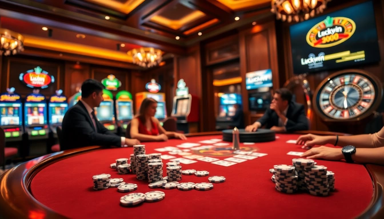 Engage in thrilling gameplay at Luckywin's vibrant casino tables lively with poker and slots.
