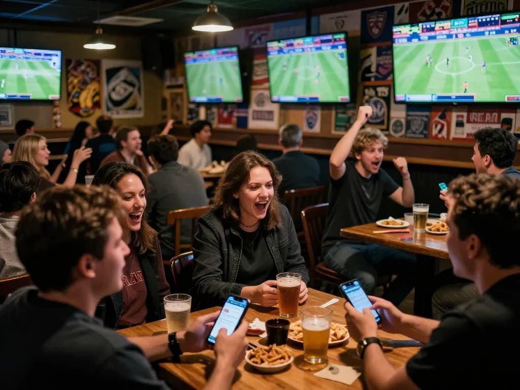 Tỷ lệ kèo nhà cái displayed on smartphones as bettors engage excitedly in a sports bar.