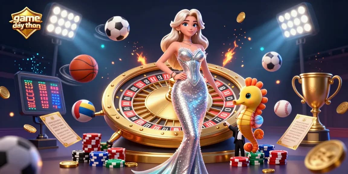 Experience excitement with game đổi thưởng in a vibrant 3D casino scene featuring dynamic roulette and playful casino elements.