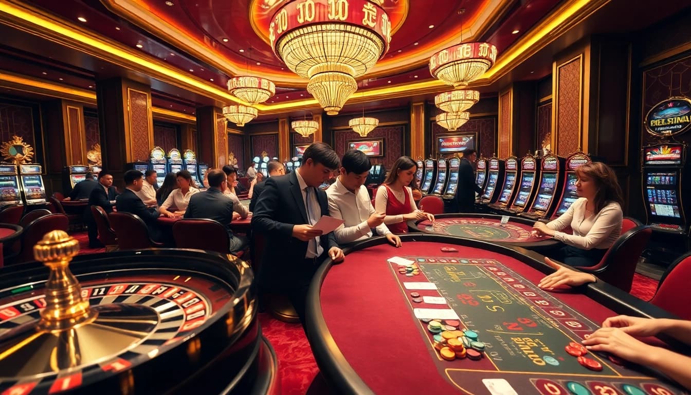 Exciting casino scene showcasing keo nha cai chuan with vibrant tables, players, and betting action.