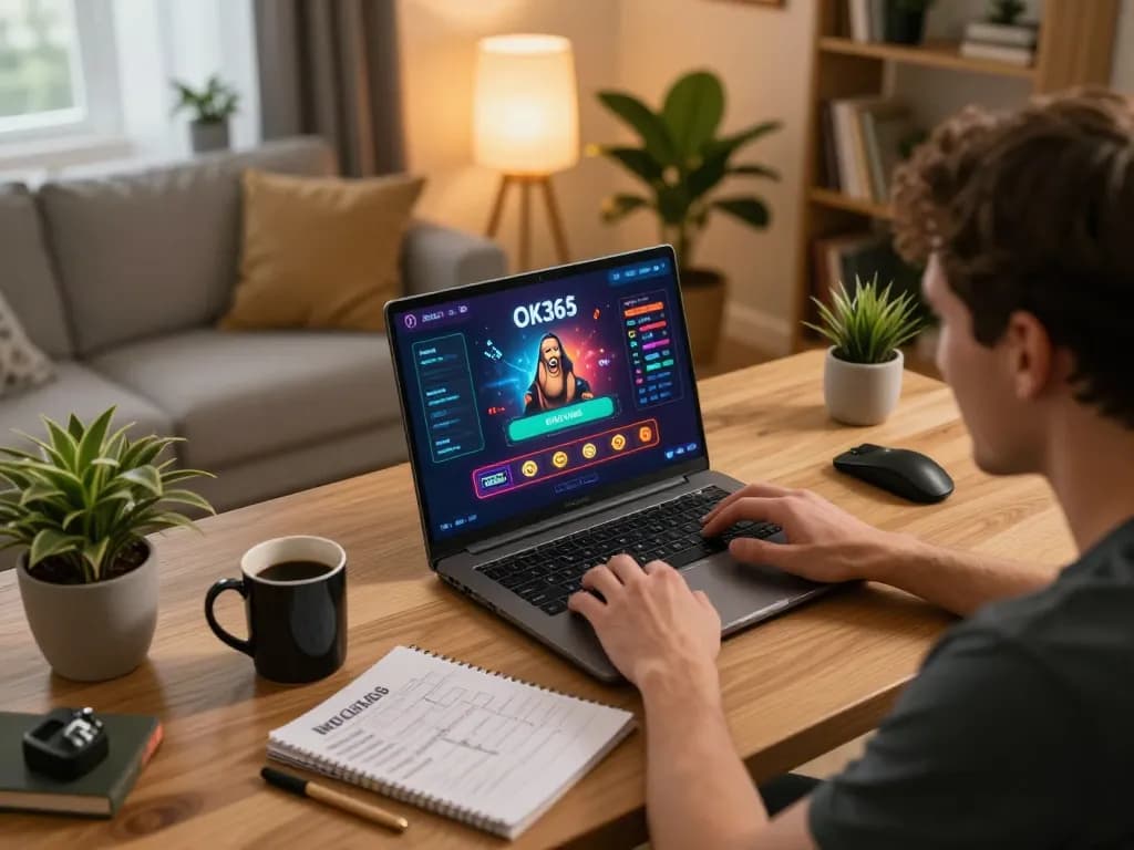 Player engaging with OK365 casino app on laptop, showcasing strategic gameplay in a cozy home setting.