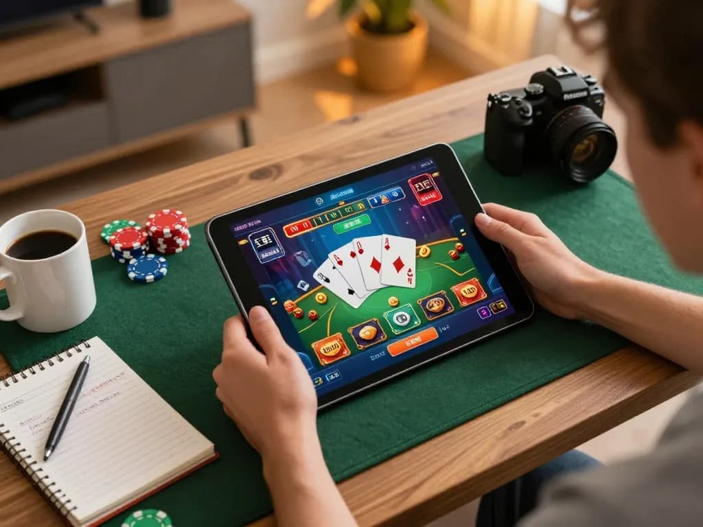 Engaging with the KUWIN online casino app on a tablet while analyzing strategies in a cozy home setting.