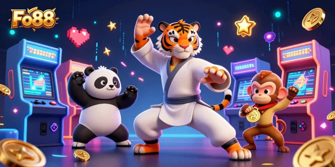 Engage with Fo88's thrilling casino experience, featuring a kung fu tiger, panda, and monkey in an exciting 3D illustration.