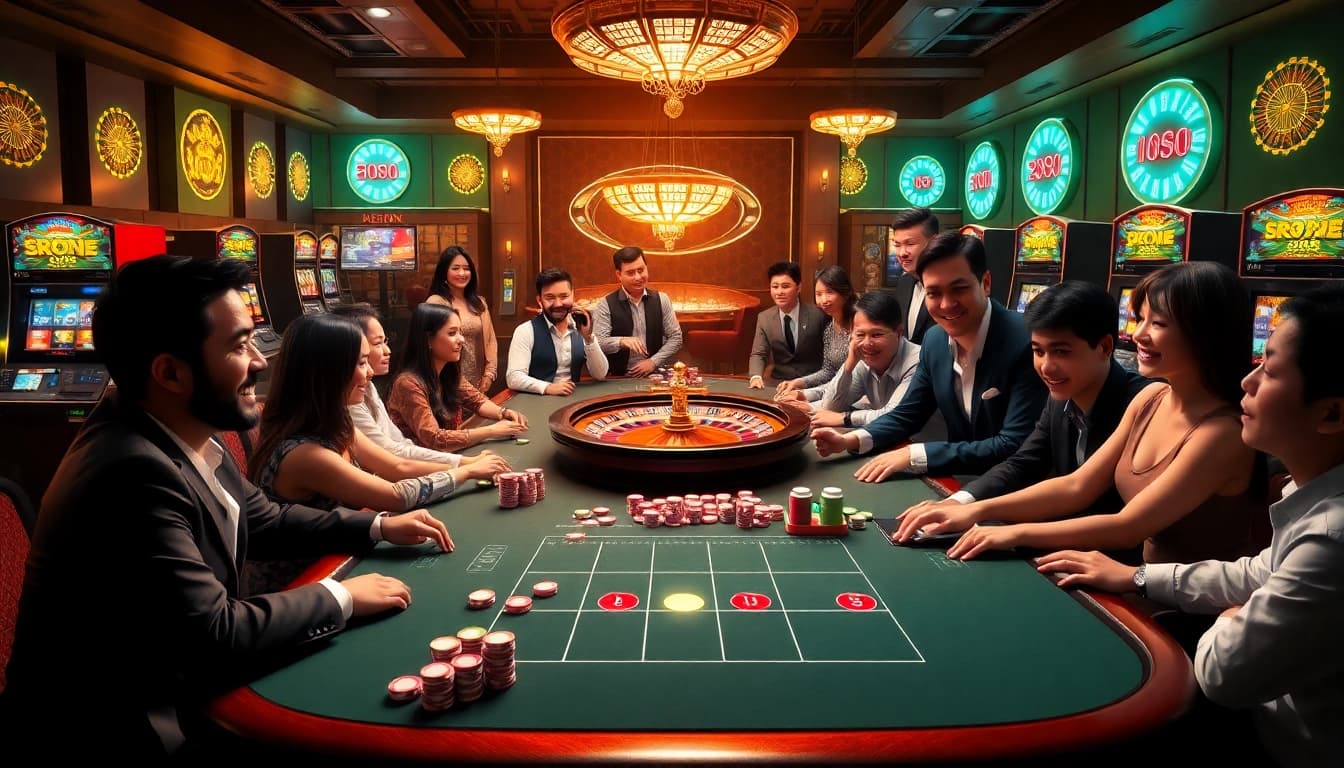 Experience the excitement at https://go88app.cn.com/ with vibrant online casino visuals of poker tables and slot machines.