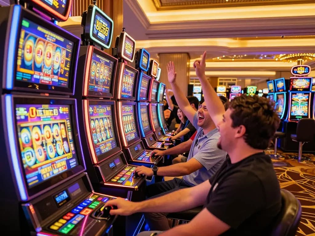 Players enjoying vibrant slot machines and cheering wins at BL555 casino.