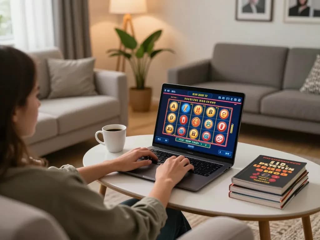 Player engaged in thrilling online gaming at ee88 with vibrant slots interface on laptop.