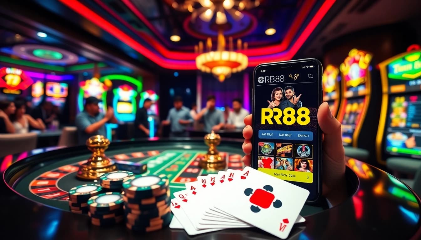 The RR88 website serves as an exciting backdrop for players at a lively casino table, combining vibrant visuals and gambling excitement.