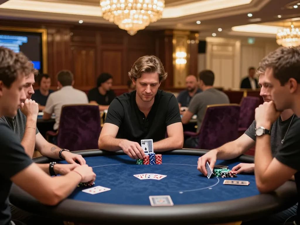 MM88 players strategizing in an upscale poker room with luxurious decor and intense gameplay.
