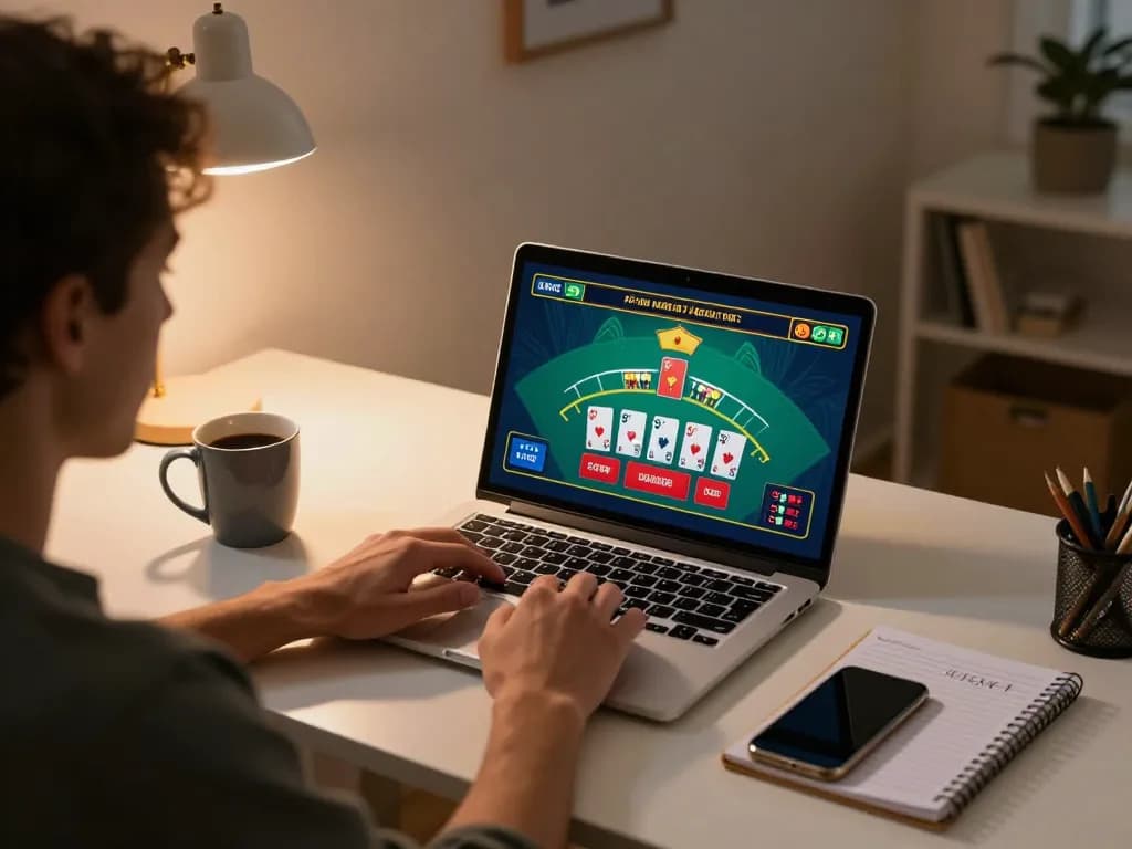 Player engaging in an online blackjack session at home while emphasizing responsible gaming with sky88.