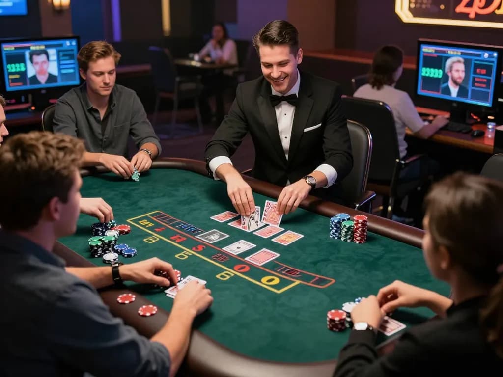 Engaging live dealer blackjack action at 23wincasino showcasing players and professional dealer.