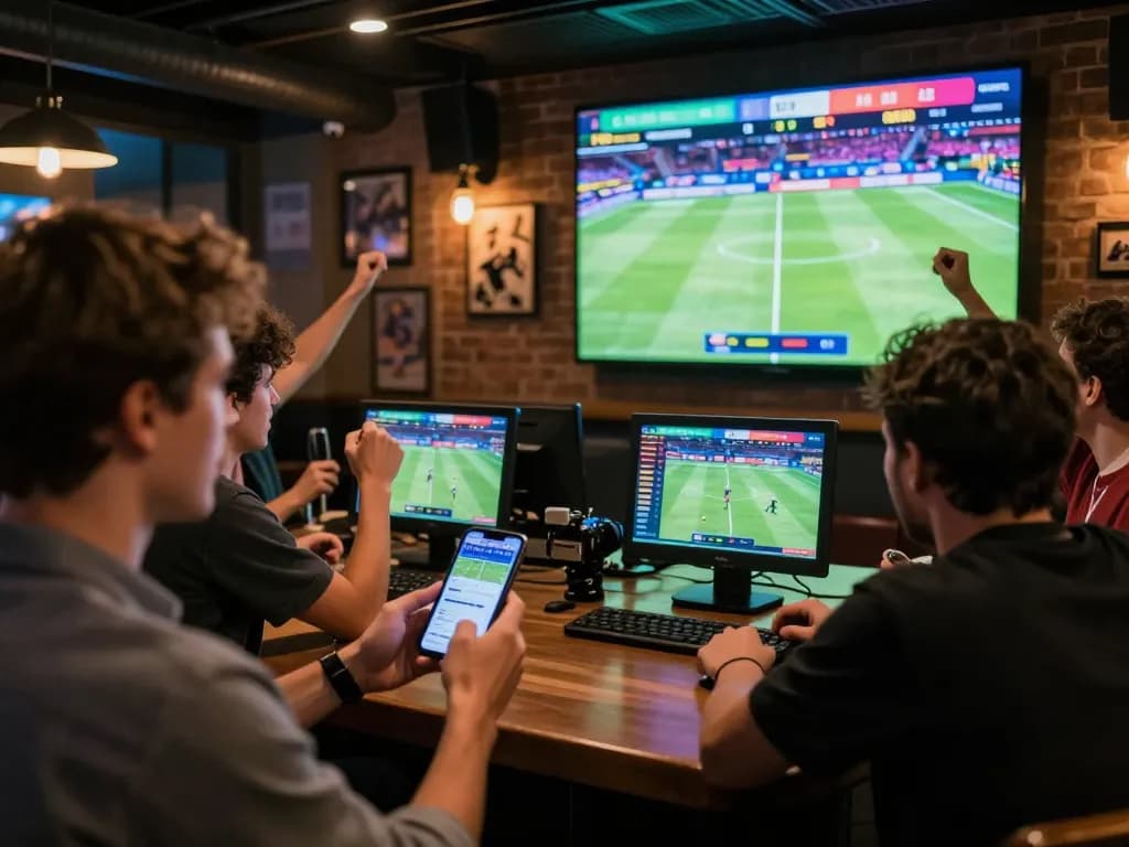 Engaging in live sports betting on smartphone at a lively bar filled with excitement, featuring 1GOM