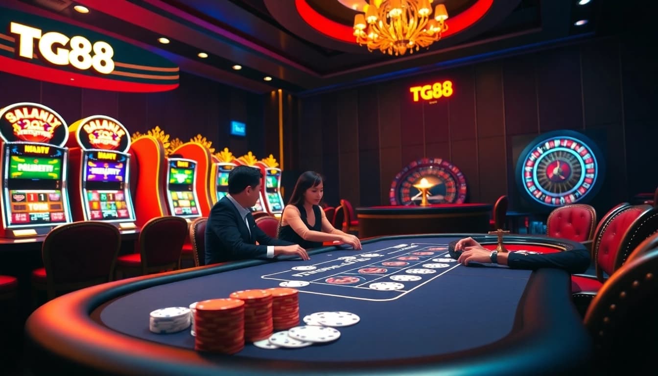 Players enjoying a thrilling poker game at the TG88 casino table, surrounded by exciting slot machines.
