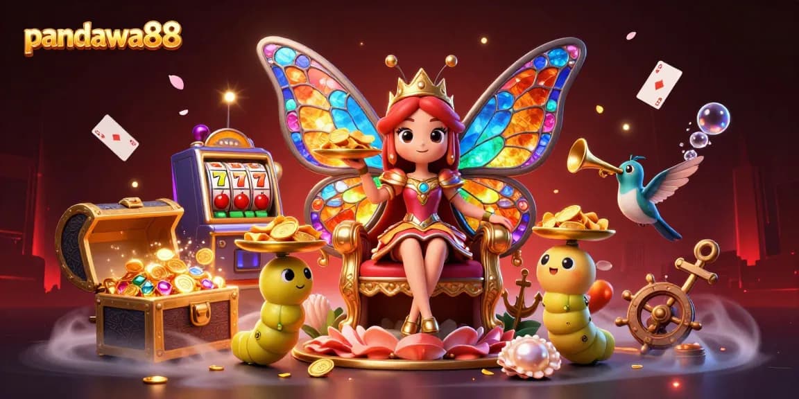 Experience the vibrant world of pandawa88 with rich casino elements and characters in a dynamic 3D illustration.