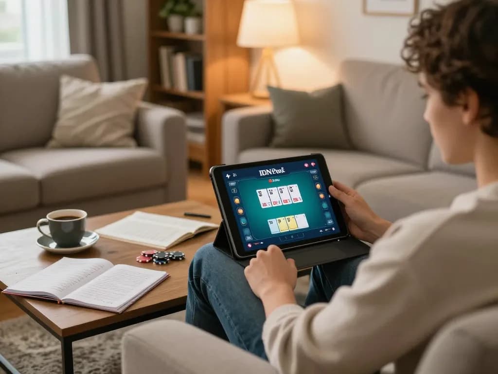 Play daftar idn poker on a tablet in a cozy home setup, showcasing strategy notes and relaxed atmosphere.