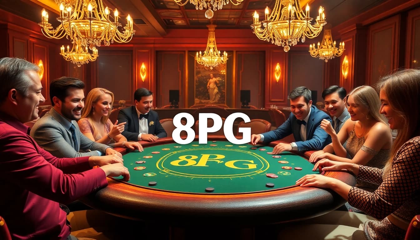 Jugadores disfrutando de una emocionante partida de póker en la mesa de 8PG, mostrando la intensa acción de casino.