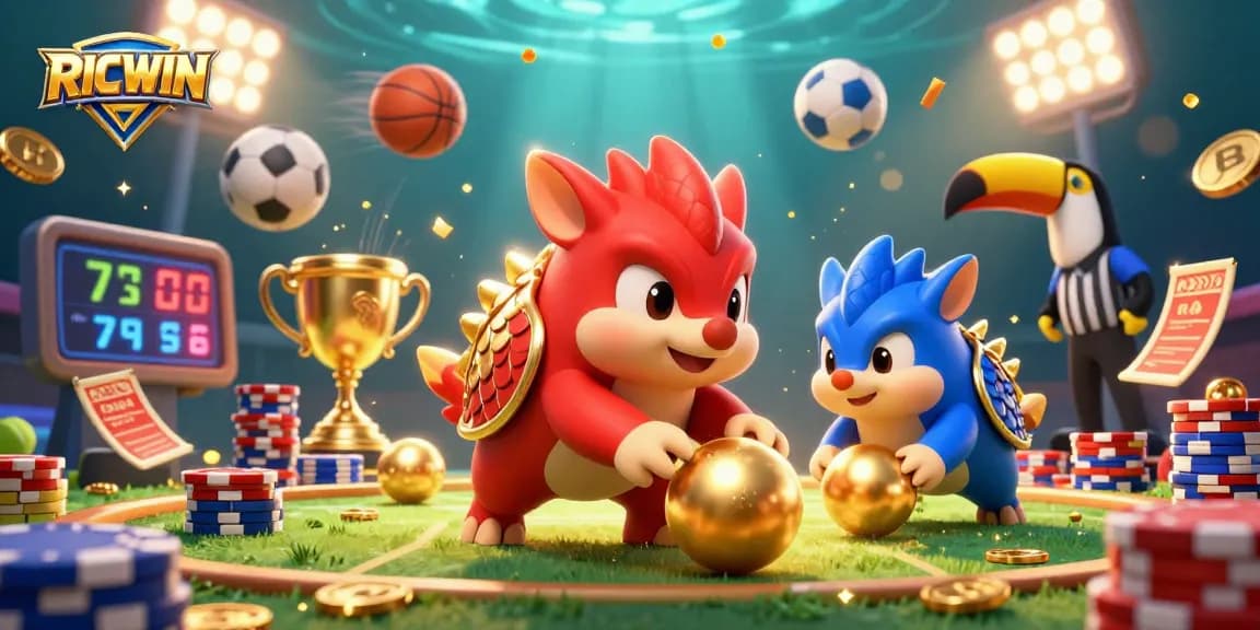 Engage in the dynamic competitive spirit of RICWIN with pangolins bowling through poker chips in a vibrant casino scene.